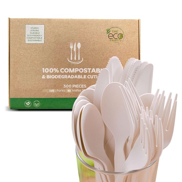 EcoFairy - 300-Piece Compostable Cutlery Set, Zero Waste Serving Utensils Set for Parties and Camping Trips, Biodegradable Kitchen Utensil Set