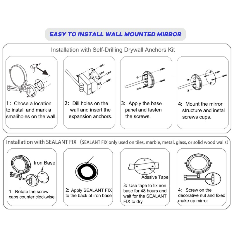 Rechargeable Wall Mounted Makeup Mirror with Lights, 8 Inch Double-Sided