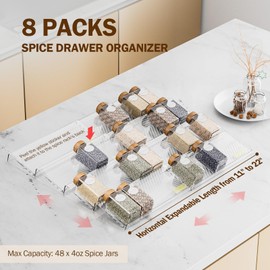 PanPanPal Spice Drawer Organizer, 8 Pack Clear Seasoning Organizer Rack, Kitchen Spice Rack Organizers for Drawer/Countertop (Jars Not Included, Expandable From 11" to 22" Wide)