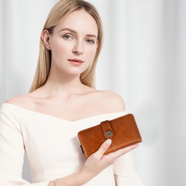 FORRICA Women's Purse Zip RFID Protection Large Purse PU Leather Women Long Wallet with Many Compartments Bracelet, brown, Modern