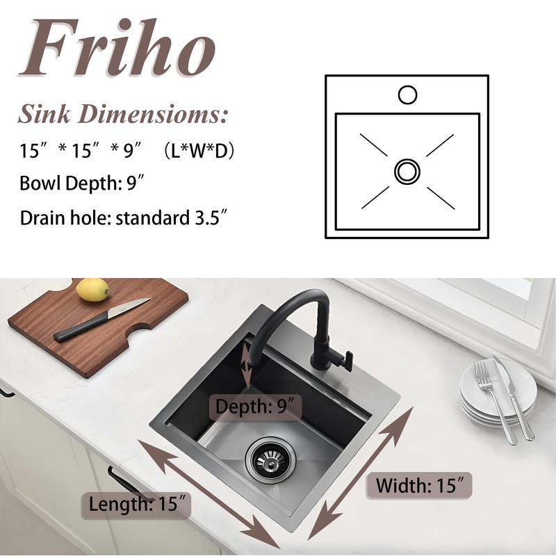 Friho Drop in Black Bar Sink, 15x15 Inch Stainless Steel