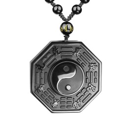 VIKCAUX Black Obsidian Necklace Yin Yang Talisman Protection Pendant with Extended Bead Chain Healing Crystal Stone Amulet Necklace for Men Women