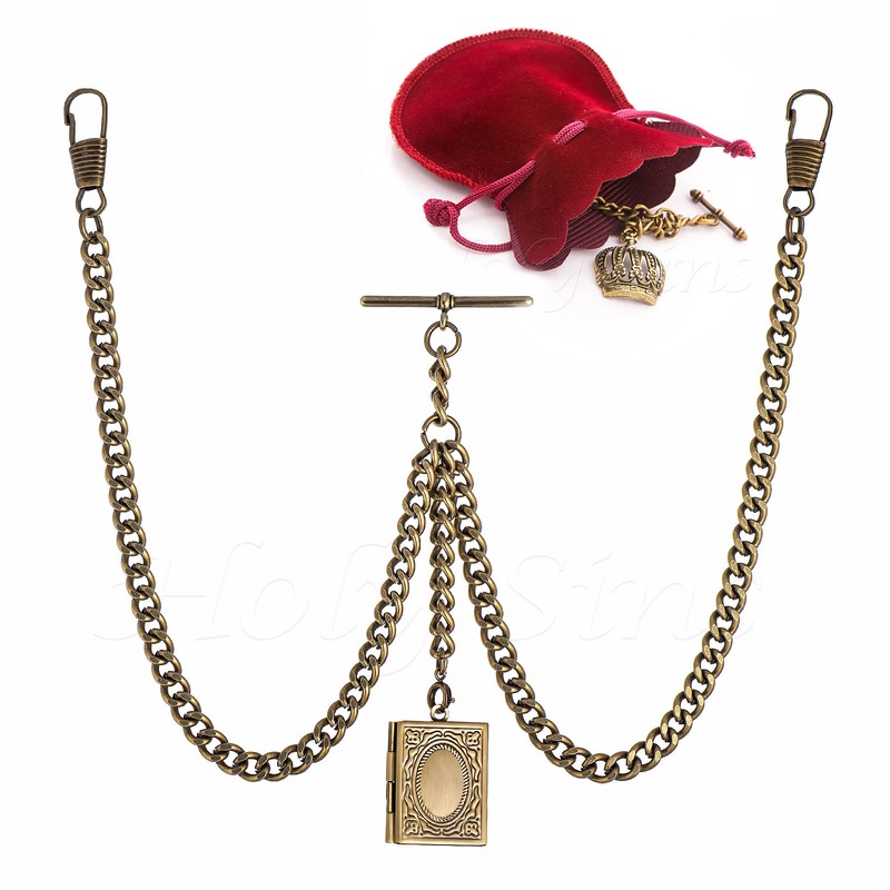 Bronze Colour Double Albert Pocket Watch Chain With Locket Pendant