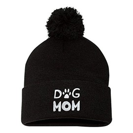 Go All Out One Size Black Pom Dog Mom Embroidered Knit Beanie Pom Cap