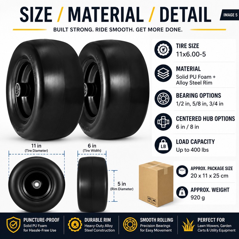 11x6.00-5 Lawn Mower Tires 2-Pack for Front Wheels – Puncture-Free