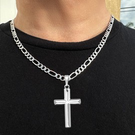 Mens Sterling Silver Cross Pendant 4mm Italian Figaro Chain Necklace - 100-18