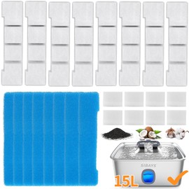 SIBAYS Dog Water Fountain Filter Replacement, 4Gal/15L Pet Fountain Filters, Made of Activated Carbon and PP Cotton, 8 Pet Water Fountain Filters, 8 Pre-Filter Sponge with 8 Pump Sponge(Model: L05)