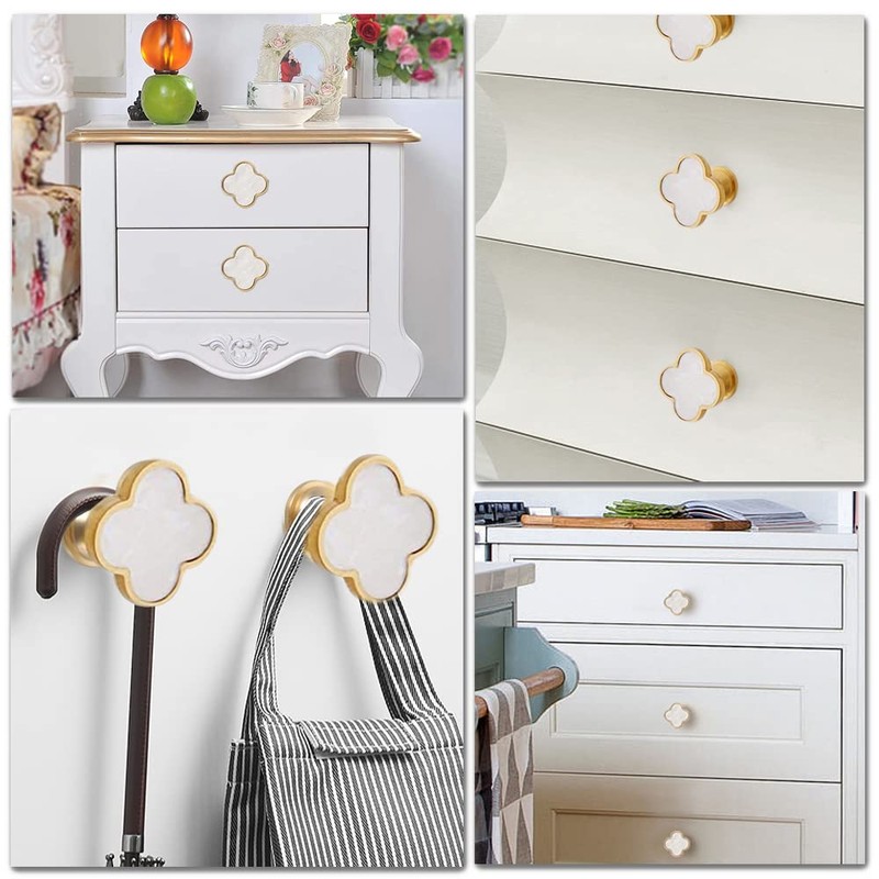 YOSOANPO 2 Pcs White Shell Kitchen Cabinet Knobs Clovers Zinc