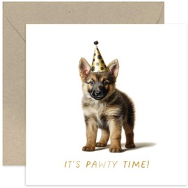Old English Co. 'Pawty Time' German Sheperd Dog Birthday Card - Cute Dog Cards - For Men Women Mum Dad - Funny Dog Birthday Card for Husband Wife - Hilarious Birthday Card | Blank Inside Envelope