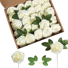 Lansdowns Artificial Flower Foam Rose 25pcs Real Looking Fake Rose with Stems Leaves for Home Decoration Party Garden Centerpieces DIY Wedding Bouquets（Ivory White）