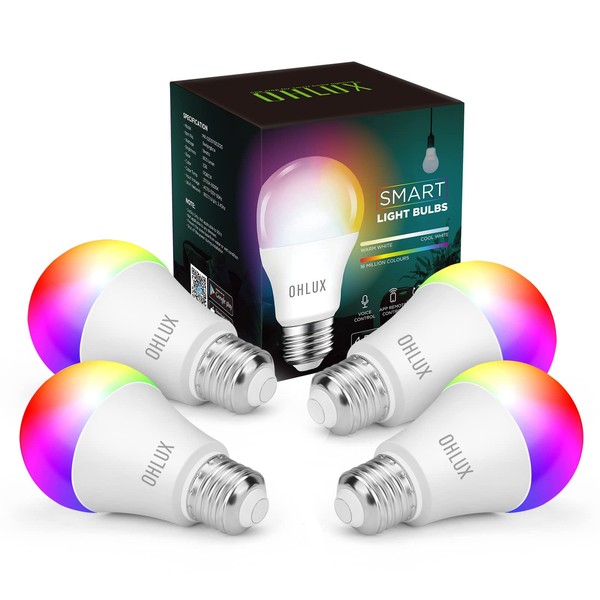OHLUX Smart WiFi LED Light Bulbs Work with Alexa Google Home 900Lumen 100W Equivalent, RGBCW Multi-Color, 2700-6500k Dimmable,Voice Control 9W E26 A19 Color Changing Bulb-4PACK