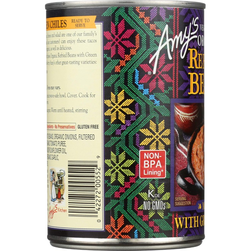 Amys, Beans Refried With Green Chiles Organic, 15.4 Ounce