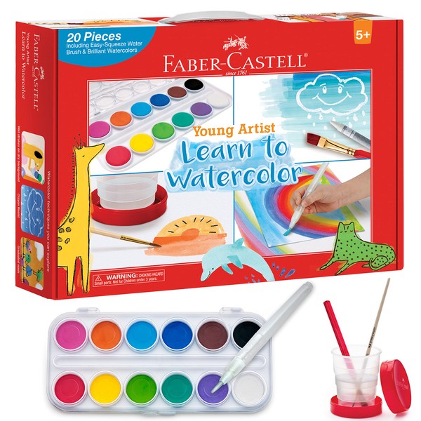 Faber-Castell Young Artist Learn to Watercolor - Watercolor Paint Set for Kids Ages 5+, Kid-friendly and Washable Watercolor Paint (Packaging May Vary)