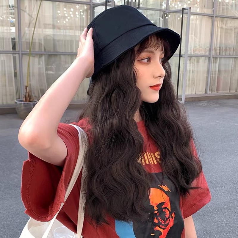 Hat Wig Women Detachable Middle Length Black Brown Curly Wavy