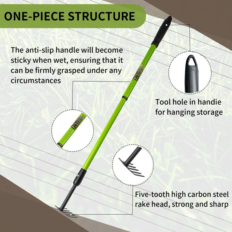 Telescopic Garden Rake, 27-40" Adjustable Hand Rake with 5 Metal