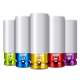 BOEN 1/2" Drive Impact Lug Nut Socket Set, 5 Pieces Non-Marring Thin Wall Wheel Protector Nut Socket, Metric (15 17 19 21 22) mm, Chrome Molybdenum Steel, 6 Point Design and Color Electroplate Finish