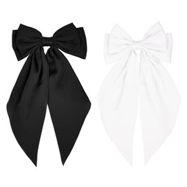 JGQUR Satin Hair Clips for Women– Pack of 2 Long Tail Bow Alligator Clips, Soft Ribbon Barrettes for Girls Daily Wear, Gifts for Birthday Party, Black White Bow