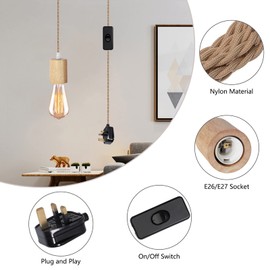 Wood Pendant Light Cord Kit with Switch, 15FT Vintage Industrial Hanging Light Plug in Pendant Lamp Cord with Twisted Nylon Rope E26 E27 Socket for Farmhouse Home DIY [Energy Class A+++]