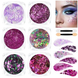AOOWU Body and Face Glitter Makeup Gel, 6 Colors Cosmetic Reflective Chunky Glitter, Festival Hair Glitters, Body Gel Sequins Shimmer Liquid Eyeshadow, Mermaid Sequins Holographic Glitters Gels