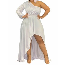 Women's Plus Size One Shoulder Asymmetrical Maxi Dress High Low Long Formal Wedding Dress Evening Gown White XL