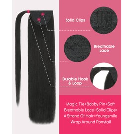 Youngsmile Ponytail Extension Human Hair Natural Short Wrap Around Ponytail Natural Black Clip in Ponytail Human Hair Piece 80 Grams 20 Inch (PT#1B-20Inch)