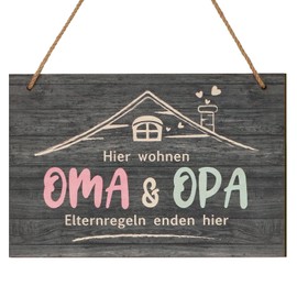 Grandma and Grandpa Gift, Decorative Ornaments Made of Wood, Grandma Grandpa Gifts for Birthday, Tin Signs Saying "Hier wohnen OMA OPA Elternregeln enden hier" Gift Grandma and Grandpa for Mother's