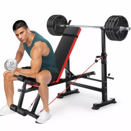 Foldable Weight Bench Adjustable w/Squat Barbell Rack and Removable Foot Bracket