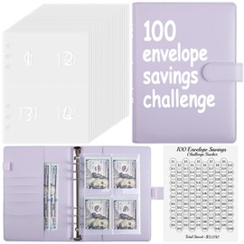 Zuozee 100 Envelopes Money Saving Challenge Binder, A5 Savings Binder with Cash Envelopes, Budget Binder for Planning and Saving $5050, Light Purple