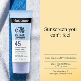 Neutrogena Ultra Sheer Protector solar de tacto seco para cara y cuerpo, protección SPF 45 de amplio espectro UVA/UVB, ligero, resistente al agua y no