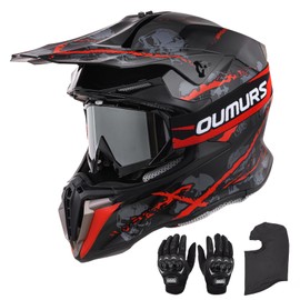 OUMURS Adult ATV Dirt Bike Helmet with Gloves & Mask Adjustable Sun Visor Motorcycle Adult Helmet Off-Road Motocross Downhill Moped MX for Unisex-Adult-Red Skull, M