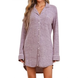 cheibear Womens Nightgowns Maternity Button Down Pajamas Long Sleeve Nightgowns V Neck Sleep Dress Short Sleep Shirts Pink L