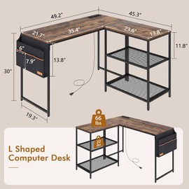 VECELO L Shaped Computer Desk 49 Inch Writing Study Corner Gaming Table with Storage Shelves and Side Bag, for Home Office Workstation