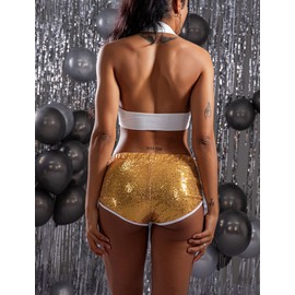 KEOYA Gold Sequin Shorts Women Shiny Cheecky Shorts Low Rise Hot Pants Festival Rave Outfits Girls Stretchy Sparkly Booty Shorts for Dance Disco Club