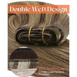 Sunny Hair Weft Hair Extensions Human Hair Extensions Sew in Brown Highlights Human Hair Weft Extensions Dark Brown Mix Caramel Blonde Highlights Sew in Human Hair Bundle Straight Hair 16inch 100g