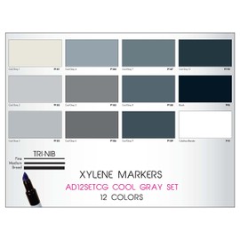 The Original Chartpak AD Markers, Tri-Nib, 12 Assorted Cool Grey Colors in Plastic Carrying Case, 1 Each (AD12SETCG)