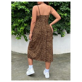 BEAUDRM Women's Plus Size Leopard Print Midi Dress Split Thigh Sleeveless Square Neck Bodycon Midi Dresses Brown X-Large Plus