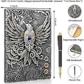 Vintage Embossed Phoenix 3D Notebook Travel Writing Journal with Black Ballpoint Pen and Pen Sleeve, Antique Handmade Leather A5 Travel Diary, Daily Notepad Sketchbook, Suitable for Women&Men (Silver)