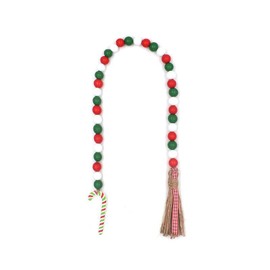 Christmas Wood Bead Garland - Green Red White Wooden Beads with Jute Rope Plaid Tassel Bead Garland for New Year Winter Xmas Tiered Tray Décor Farmhouse Home Kitchen Wall Hanging Decoration, CandyCane