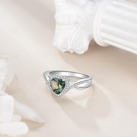 URONE Moss Agate Ring 925 Sterling Silver Heart Moss Agate Rings for Women Promise Jewellery Gifts #7