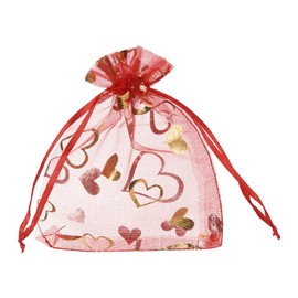 MECCANIXITY Organza Bag 4" x 5", Sheer Heart Mesh Bags Drawstring Gift Bags Bulk Party Favor Bag Jewelry Pouches for Wedding Candy Valentines Wedding Festival (Red-Gold, Pack of 100)