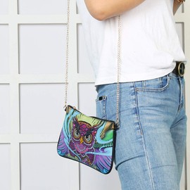 VETPW 5D DIY Owl Diamond Pasted Painting Cross Body Bag, Diamond Painting Leather Coin Purse Zip Handbag, DIY Diamond Painting Clutch Bag, Makeup Shoulder Bag for Party Travel
