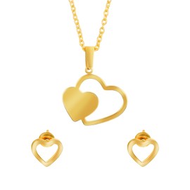 Bodha Gold Plated Stainless Steel Double Heart Lock Pendant Locket Necklace Set For Women With Matching Earrings (SJN_242_G)