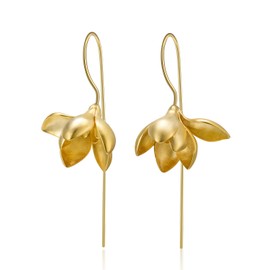 Lotus Fun S925 Sterling Silver Earrings Elegant Magnolia Flower Drop Earrings Creative Natural Handmade Unique Jewellery for Women and Girls, Sterling Silver, Gold