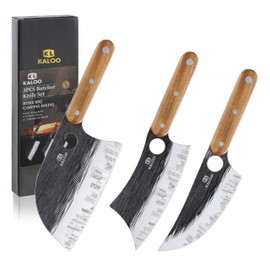 3 PCS Butcher Knife Set, Kaloo 7" Butcher Meat Cleaver, 7" Serbian Chef Knife and 6.5" Viking Knife, Hand Forged Butcher Knives with Wood Handle for Home, Outdoor Cooking, Camping BBQ