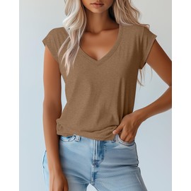 Huukeay 3 Pack Women’s V Neck T Shirts, Cap Sleeve Summer Casual Tops Loose Fit Short Sleeve Tees 2025 Trendy Shirts(Black, Khaki, Haze Blue,Medium)