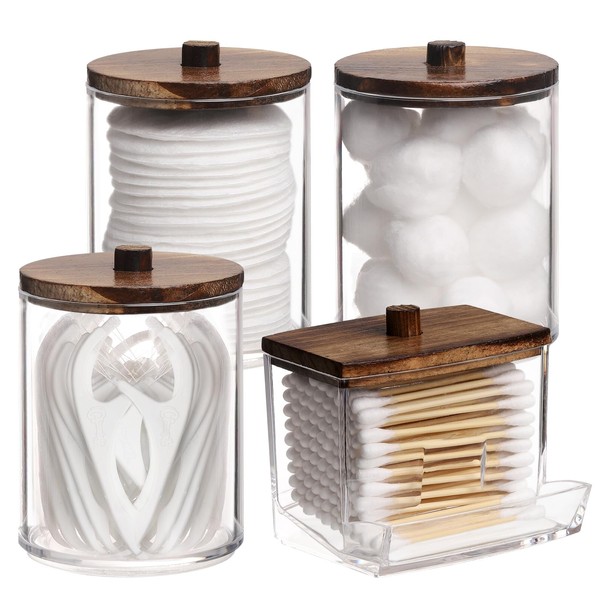 Tbestmax 4 Pack Qtip Holder Bathroom Container, 10/7oz Cotton Ball/Swabs Dispenser, Apothecary Jar with Bamboo Lids for Organizer and Storage (Brown)