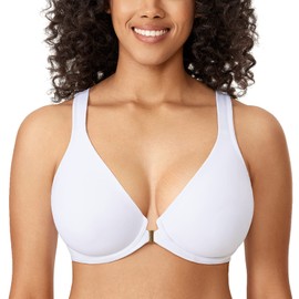 Delimira Women's Front Fastening Bras Seamless Unlined Racer Back Plus Size Underwired Plunge Bra White 40C