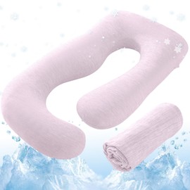 SASTTIE Cooling Pregnancy Pillow Cover, 57-inch U Shaped Pregnancy Pillow Case, Cooling Maternity Pillow Cover Fits 55/57 Inch Pregnant Pillow, Pink