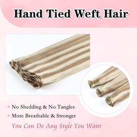 ABH AMAZINGBEAUTY HAIR Highlighted Hand Tied Weft Hair Extensions Straight Remy Human Hair Extensions Straight Bundles 50 Gram in Total, Dark Ash Brown With Platinum Blonde Highlights P8-60, 20 Inch