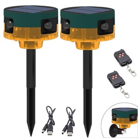 QXMH Solar Outdoor Motion Sensor Alarm: Dog Barking and Shooting Sound, 129dB Loud Siren, Support Recording, 13 Types of Sound Strobe Light with Remote Control and USB (2 Pack)